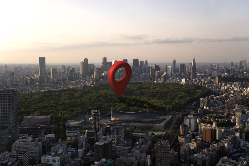 location symbol with landscape background