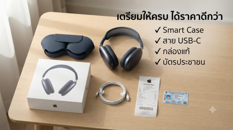 รับจำนำ AirPods Max ทุกรุ่น สาขาทั่วกรุงเทพ ปลอดภัย เชื่อถือได้ ได้เงินไว ราคาสูง 3 การเตรียม AirPods Max พร้อม Smart Case สาย USB-C กล่องแท้ และอุปกรณ์ก่อนนำมาจำนำ