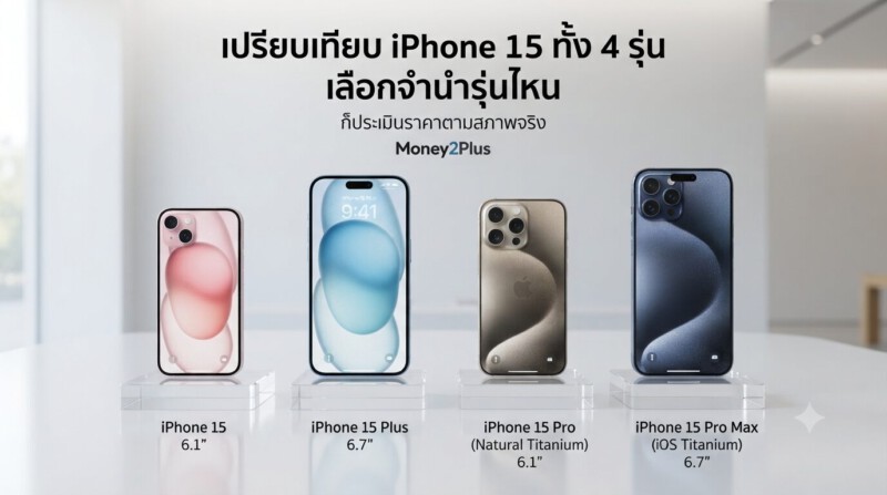 รับจำนำ iPhone 15 / 15 Plus / 15 Pro / 15 Pro Max ได้เงินไว ราคาสูงสุด รับประกันความปลอดภัย 1 เปรียบเทียบ iPhone 15, 15 Plus, 15 Pro, 15 Pro Max ก่อนนำมาจำนำที่ Money2Plus